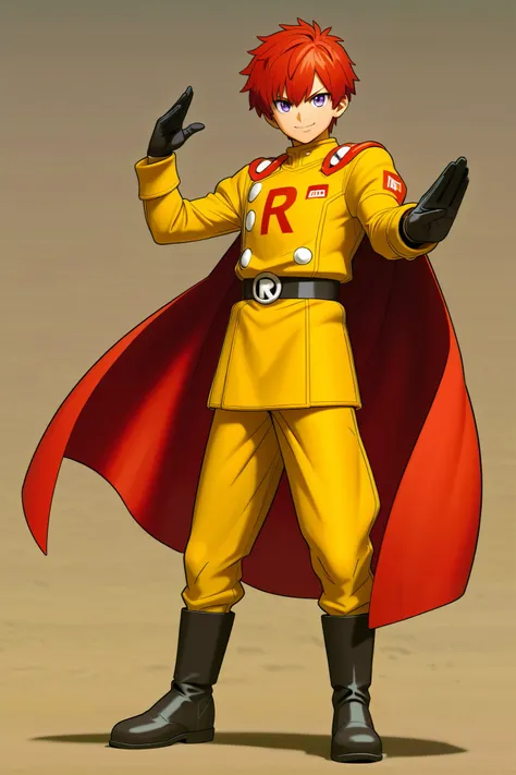 (Rulax: (solo, Man:1.2),red hair, purple eyes), (yellow jacket, yellow pants, red cape, red print, black belt, black gloves, black boots, red ribbon shoulder patch), smile, hero pose, full body (Highly detailed, Absurdres, Anatomically correct, Best qual...