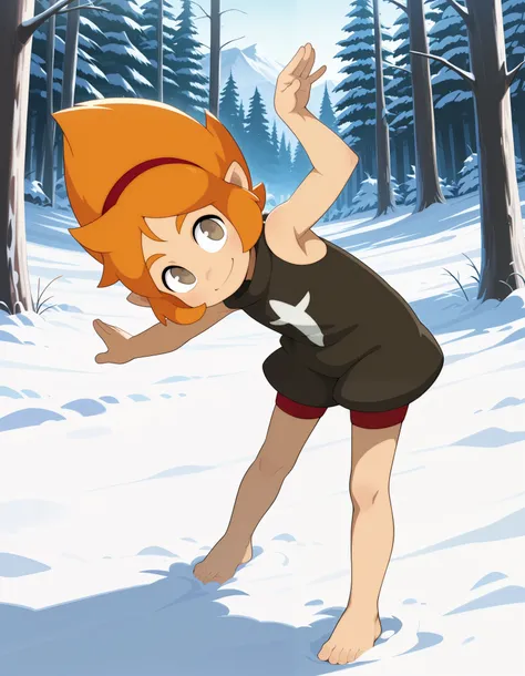 illuelely, Elely (Wakfu), solo, best quality, absurdres, full body, barefoot, orange hair, brown eyes, pointy ears, red hairband, sleeveless, baggy clothing, black clothes, slim, smile, Winter forest, action pose, young