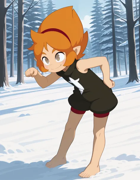 illuelely, Elely (Wakfu), solo, best quality, absurdres, full body, barefoot, orange hair, brown eyes, pointy ears, red hairband, sleeveless, baggy clothing, black clothes, slim, smile, Winter forest, action pose, young