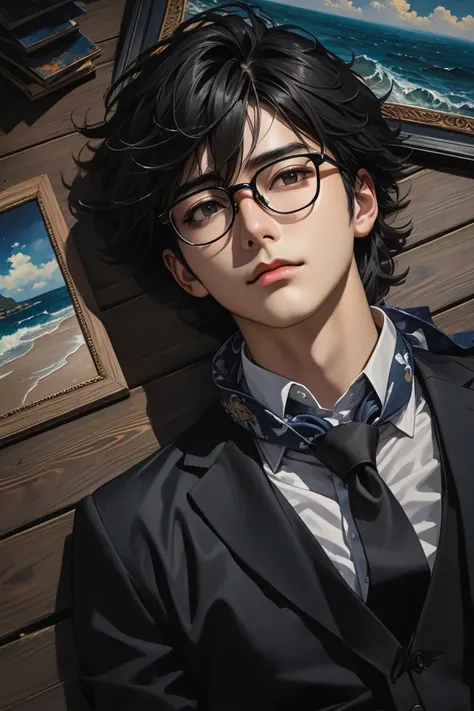 Realistic portrait，Messy black hair， Black Frame Glasses，male，Godless Eyes，dark，Long Overlooking Sea Mask，painting，Dark background，student，With a tie around the neck，Lying on the wooden floor