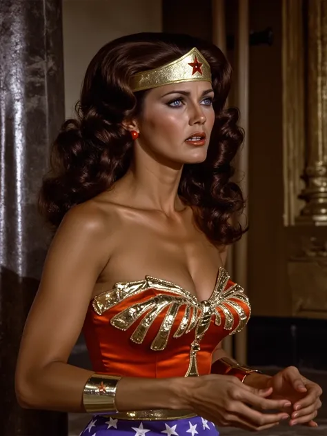 Lynda Carter as Wonder Woman, full body photo, side view, she is crying defeated and controlled to be a servant, kneeling in a large evil throne room, her perfect body teased and aroused to submission, her cleavage open, a vision beauty and sexy fantasy, w...