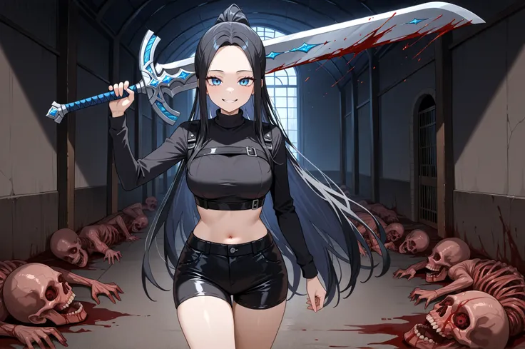 1girl, sadistic smile, sharp, empty, blue eyes, ((forehead)), black hair, very long hair, straight hair, ponytail, medium breasts, light tan skin, curvy, cool, beautiful, long sleeves, black crop-top sweatshirt, black leather shorts, solo, holding a giant ...