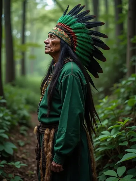 Indian elderly man, A headdress with all the feathers green with black 
Dark green clothing 
Face painted green 
 

Full body image 

Looking forward 
Quite a lot kills




Forest scenario 
Lots of forest and plants around you 