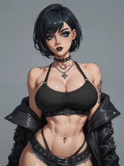  best quality , extreme Detail, young woman, emo, goth girl,  black makeup ,  black short wild hair,  cute face, wild look,  big breasts , (H80 ), (wide hips), young woman ist schlank, young woman schaut Beobachter an, young woman trägt ein Enges Schwarzes...