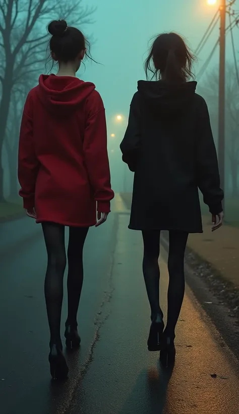 A realistic cinematic depiction of two beautiful young skinny anorexic girls, a modern version little red riding hood, aged 16 to 18, running scare on a deserted, (( big Wolf like creature (Werewolf) running on his back legs chansing the girls)), street pa...