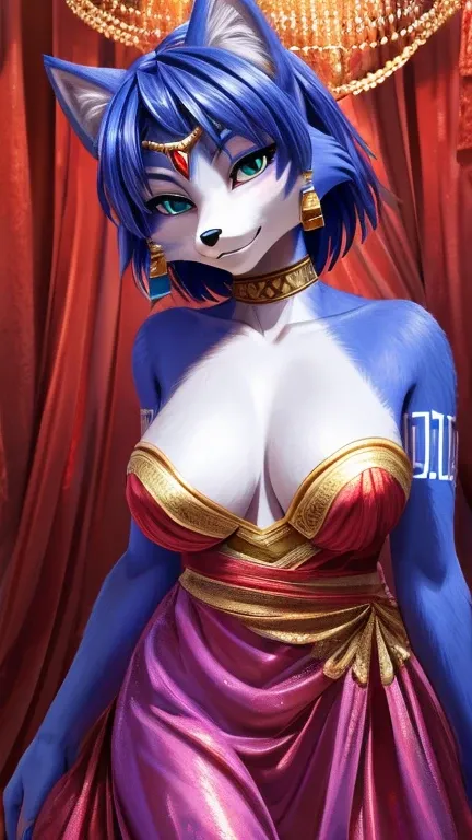 krystal fox (Star Fox Adventures), furry, female, sensual and delicate, wearing a long shiny dress, breastsout, defined and seductive body, clean hair, lovely gaze, at a party alone, best qualityer, ​masterpiece, anime styling, photoshot, realisitic, High ...