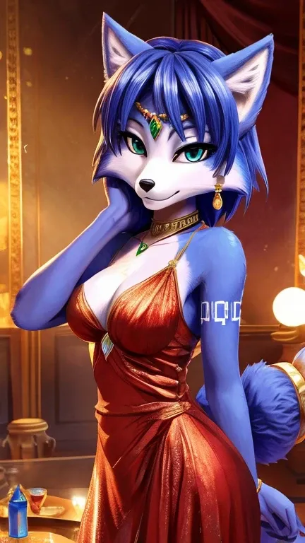 krystal fox (Star Fox Adventures), furry, female, sensual and delicate, wearing a long shiny dress, breastsout, defined and seductive body, clean hair, lovely gaze, at a party alone, best qualityer, ​masterpiece, anime styling, photoshot, realisitic, High ...