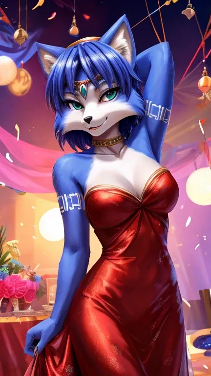 krystal fox (Star Fox Adventures), furry, female, sensual and delicate, wearing a long shiny dress, breastsout, defined and seductive body, clean hair, lovely gaze, at a party alone, best qualityer, ​masterpiece, anime styling, photoshot, realisitic, High ...