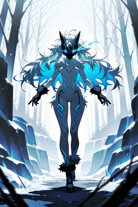 best quality, absurdres, kindred, lamb chest tuft, white hair, long hair, black mask, (blue eyes, glowing eyes:1.4), beautiful and detailed portrait of a woman (((female))) anthro lamb,full body, beautiful, messy hair, fur