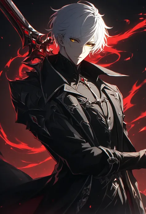 solo, handsome, 1 male, short hair, white hair, dark yellow eyes, dark shirt, black coat, dark fantasy, black sword with red aura