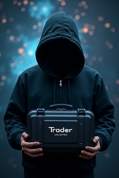 Create a scenario in which there are constellations behind, Cosmos and stars showing an air of mystery, Put a hood over your head and place a black case on the body with the letters Trader Unlimited in the center