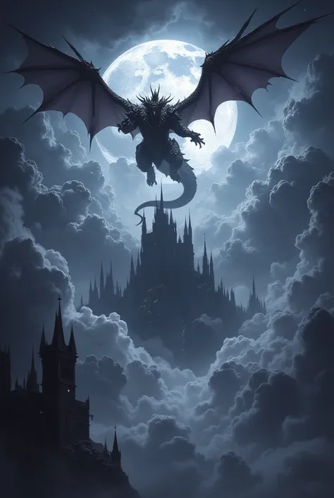  、The coolest and strongest dark dragon like Bahamut is flying with the castle and full moon in the background in the mysterious thick fog。 powerful destructive power 。Dark Clouds、thunder and lightning、A scene like hell 、 high resolution, masterpiece,  bes...