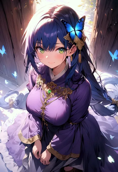 (masterpiece),(best quality),(ultra-detailed),(best illustration),(best shadow),(detailed background), 1girl, solo, green-eyes, long-hair, ((blue-hair)), smile, dress, knee-boots, low-tied-long-hair, breasts, purple-dress, simple-background, looking-at-vie...