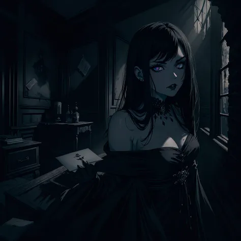 ( envelopes, ultra detailed ,highres, masterpiece :1.2),dark atmosphere, Gothic,  stunning black lips ,  Detailed eyes, vampire girl , nostalgic eyes, glow eyes, thick eyebrows, sad look, Elegant gothic costume,  detailed lips , showing her fangs,  bare sh...