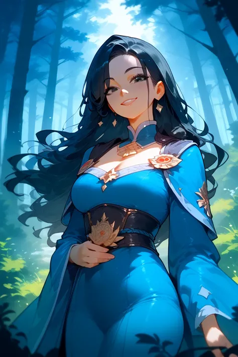 best quality, masterpiece,highest resolution,forest background, 1girl, black hair, long hair, black eyes, blue robe, small smile