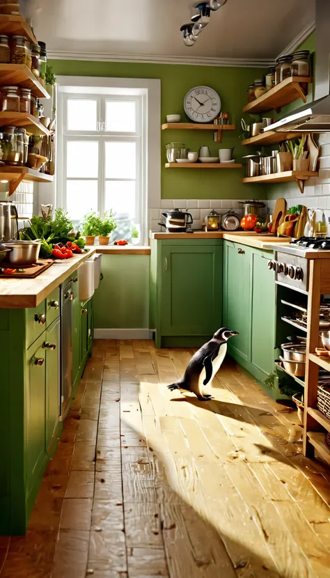 best quality, super high definition , (Photorealistic:1.4), RAW photo,A cozy kitchen scene with a penguin as the main character, returning home with freshly caught fish. The kitchen shelves are lined with spices and fresh vegetables. The penguin is comic...