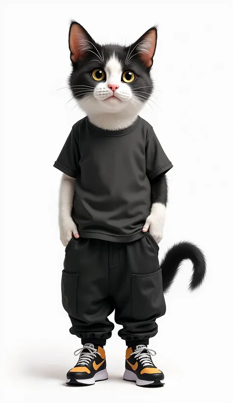   A realistic and cute cat ,  that stands on their hind legs  ,   forward, she;   carries  , big t-shirt.  carries  eine coole schwarze Baggy-Pants . 、 I'm wearing Nike Air Max 90 .  has soft fur mixed with white and black spots .  Erhöhen she die Niedlich...