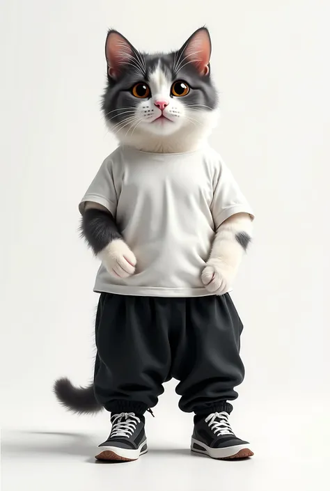   A realistic and cute cat ,  that stands on their hind legs  ,   forward, she;   carries  , big t-shirt.  carries  eine coole schwarze Baggy-Pants . 、  I'm wearing Nike Air Max 90 .  has soft fur mixed with white and black spots .  Erhöhen she die Niedlic...