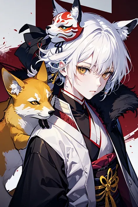 White-haired, yellow-eyed Japanese samurai wearing a fox mask