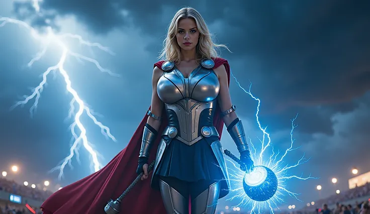 A radiant female warrior stands tall in the middle of a storm-lashed battlefield, the chaos around her glowing with intense lightning strikes. Jane Foster, as Mighty Thor, is dressed in sleek silver armor adorned with red and blue accents, reflecting her n...