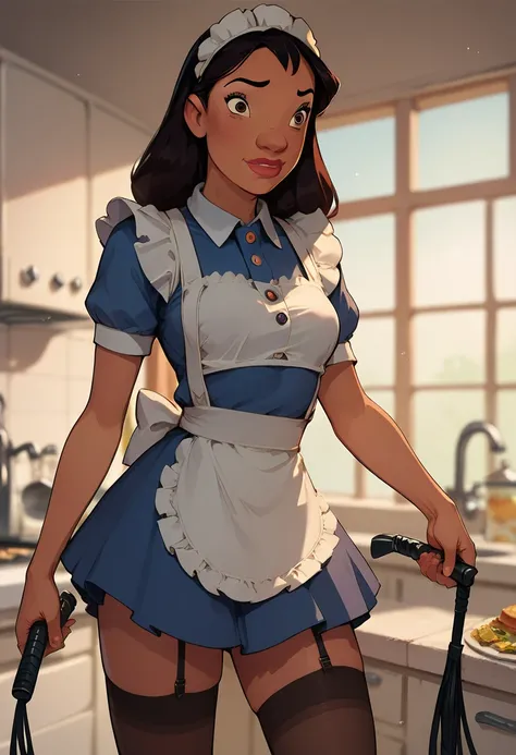 disney nani wearing, maid outfit and stockings,  holding a whip. In a kitchen