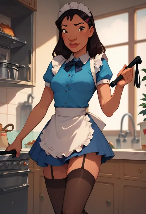 disney nani wearing, maid outfit and stockings,  holding a whip. In a kitchen