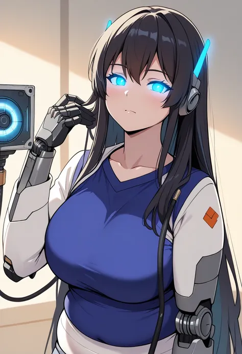 masterpiece, best quality, extremely detailed,portrait,front view,Japaese android girl,highschool student,ager,Plump,pastel color uniform, control panels,android,Droid,Mechanical Hand, Robot arms and legs,long hair,long tube,thick cable connected her neck,...