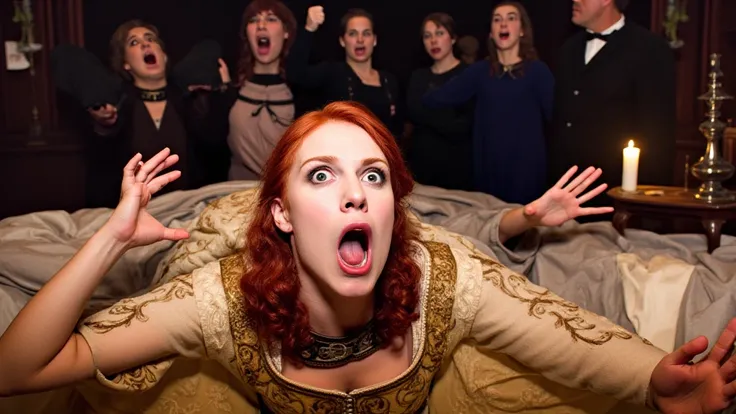 A historical scene depicting a young woman with red hair, dressed in medieval-style attire, lying on a bed and looking shocked and terrified. Her wide-open eyes and mouth convey a sense of alarm. Surrounding her in the dimly lit room are several women wear...