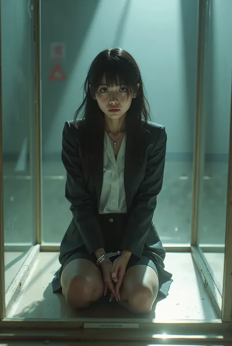 Masterpiece, 8K quality,  Photorealistic, beautiful Japanese mother, 42 years old,  career woman,  skirt suit,  white blouse, black pantyhose, confinement, Restrained by handcuffs, Teary-eyed, locked inside a glass case at a gallery,  sitting on the floor ...