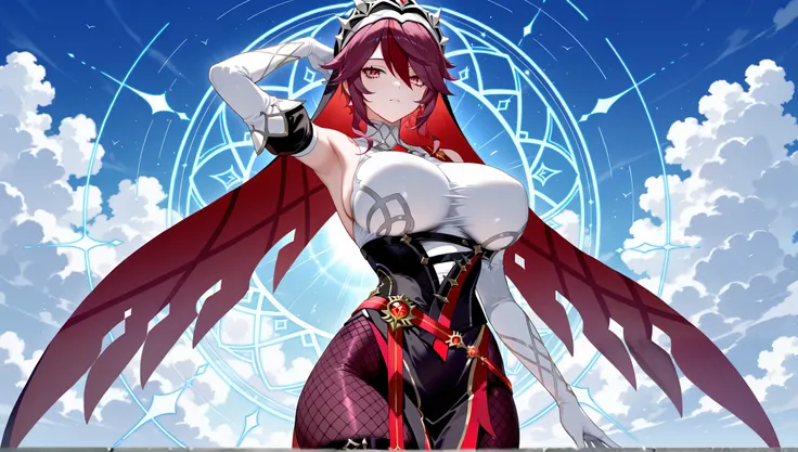  ((Rosaria Genshin Impact)), ultra-high res, best quality, 8k resolution, 1girl, ray tracing, intricate details, (simple) and pretty background, vivid roses, (stunning) red hair, (huge breasts), wide hips, (piercing) red eyes, nun in an intricate pose
,mas...