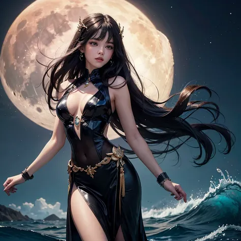 (Sharp and clear Ultra HD image, high quality and highly detailed) depicting an ocean of sapphire blue, resembling delicate, translucent glass or crystal.  Out of the lake the figure of a gorgeous, thin, pale skinned but every powerful goddess stands atten...