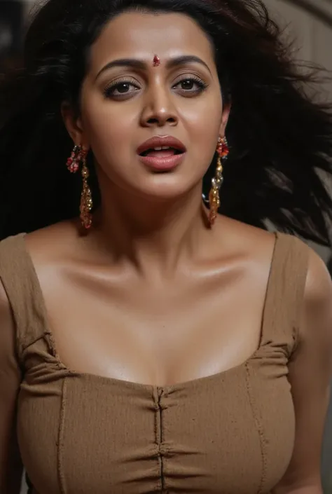 Woman,top down view,blue lusty eyes looking straight into camera, sexy woman, sweat body, deep cleavage, dark wine colour blouse,flower in head, extreme orgasm, sweat body,sweat droplets seen in her body, round bindi, thick eyelashes, black eyeliners, extr...