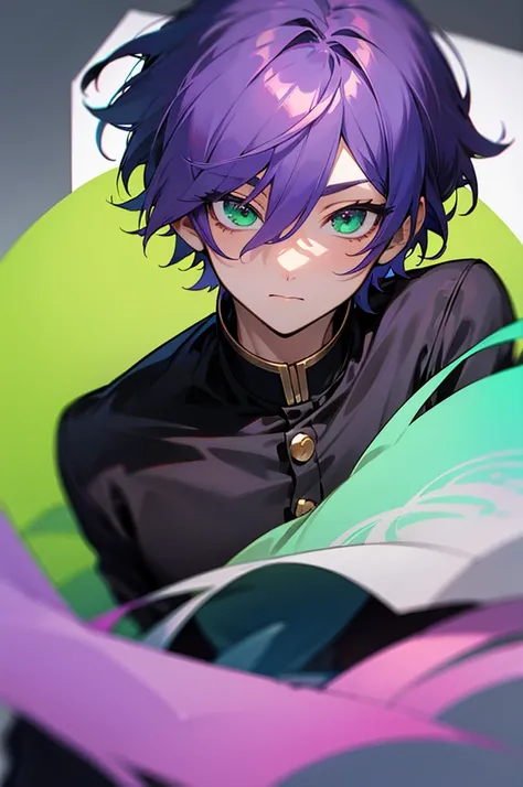 1boy, solo, male focus, clen_kamikatsu, purple hair, green eyes, short hair, bangs, hair between eyes, , , 