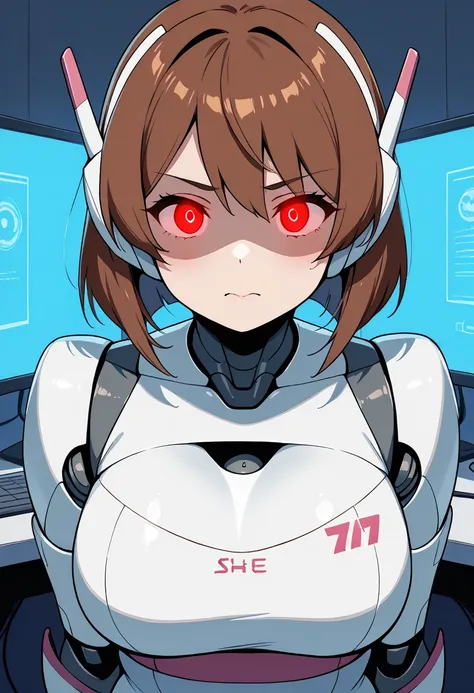 masterpiece, Best Quality, Extremely detailed, 8K portrait,Japaese android girl,Plump , control panels,Robot arms and legs,brown hair,perfect robot girl,a bit chubby,white gloves,white robot body,ceramic body,glowing eyes,chest monitor,Charging spot,She is...