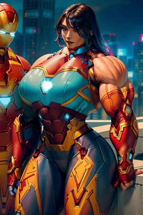 ((Close-up)), tall, (cyan hair), beautiful muscular woman, long hair, white skin, closed smile, large breast, (black lipstick), (massive muscles), (hyper muscle), ((ginormous bulky muscles)), purple eyes, (((sleeveless cyan iron man suit with iron man pant...