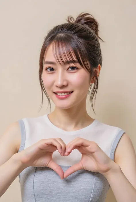  Super Fine、Picture of her face 、She smiles, I&#39;m wearing a camisole,  posing with their hands crossed in the shape of a heart in front of their chest、The background is plain 、    high definition 、細部にわたって   high definition 