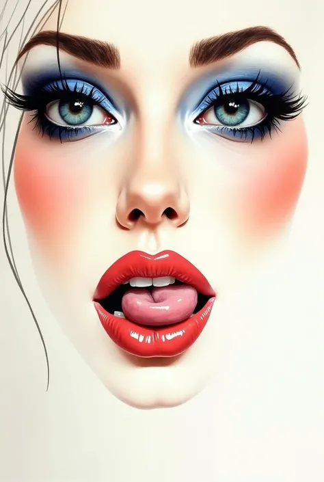 Watercolor and ink alcohol diluted on smooth paper of a woman's face full screen, the tones are very pale skin color, the watercolor tones are pale pink and heavily diluted red, the eyes are emerald blue, the lips are peach colored. her tongue is poking ou...