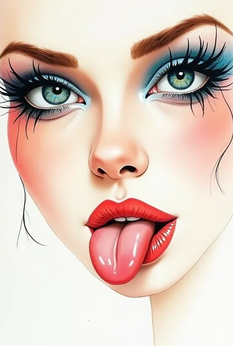 Watercolor and ink alcohol diluted on smooth paper of a woman's face full screen, the tones are very pale skin color, the watercolor tones are pale pink and heavily diluted red, the eyes are emerald blue, the lips are peach colored. her tongue is poking ou...