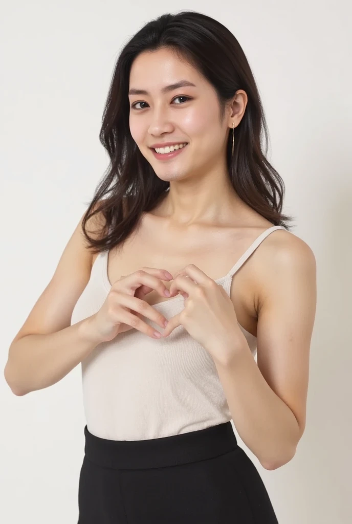  Super Fine、Picture of her face 、She smiles, I&#39;m wearing a camisole,  posing with their hands crossed in the shape of a heart in front of their chest、The background is plain 、    high definition 、細部にわたって   high definition 