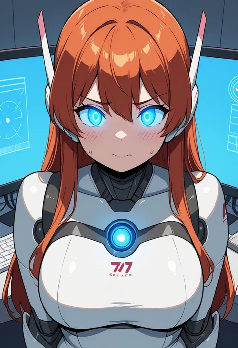 masterpiece, Best Quality, Extremely detailed, 8K portrait,Japaese android girl,Plump , control panels,Robot arms and legs,long hair,perfect robot girl,a bit chubby,white gloves,white robot body,ceramic body,glowing eyes,chest monitor,Charging spot,She is ...