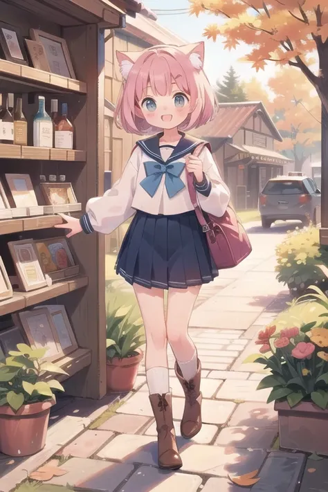 (   top quality  , portable ,   very detailed ),  girl  ，deer，   pink fluffy hair \(\),   tea hair,   short bob cut ,   thick eyebrows ，   long sleeve sailor suit   ，   pleated skirt，   light blue ribbon   ， Brown Boots ，deerの角，Autumn in Nara City， Standin...