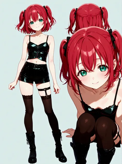  1 girl,  Kurosawa Ruby、  short hair while on a business trip、bangs、(  green eyes:1.3)、 Red Hair、Aqua Hitomi  、  two side up、smile、  Ultra Details 、whole body、leather camisole  、  over knee socks、  is standing、、  Long Boots  、 garter ring、 back、Two views