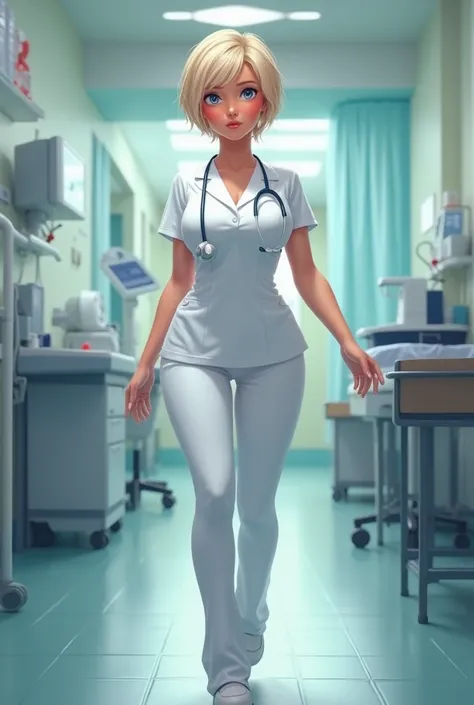 At a hospital in Florianópolis ,  a nurse with short blond hair and vibrant blue eyes takes care of her patients with dedication and affection.  Wearing a white uniform that highlights her bulky breasts and thin waist ,  she adjusts medical equipment with ...