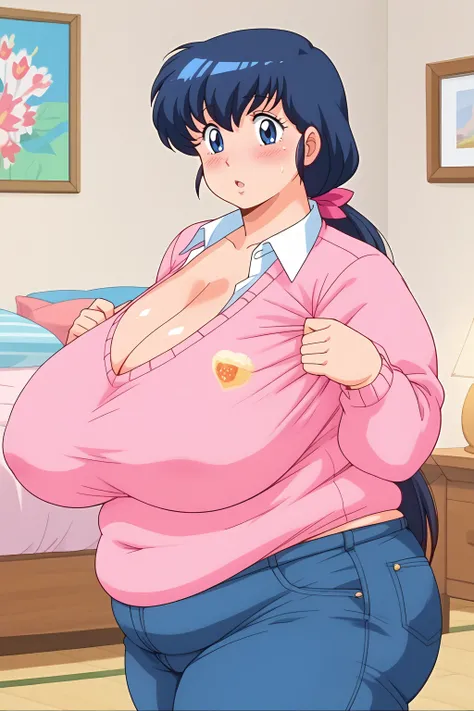 Otonashi Kyoko, long hair、紺色の髪、low ponytail,pink ribbon for hair decoration、Dark blue eyes、 pink sweater 、Blue jeans 、white shirt, collared shirt,clavicle,gigantic breasts,enormous breasts,cleavage,hanging breasts,sagging breasts,Sloppy belly fat,bedroom, ...