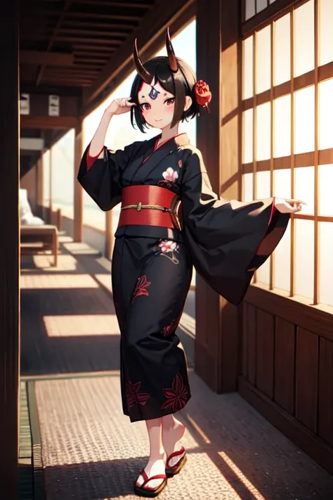 creates an oni (demon) anime girl, with short black hair, full body; with a mischievous look. Wearing a short yukata. with a horn on his forehead