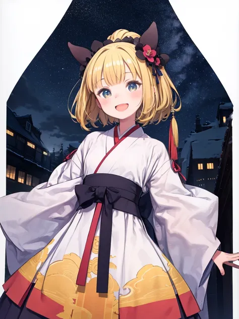 One person girl，Short yellow hair， laughs，Hanfu， snowfield，Hanfu，night，のnight，looki at viewer， High Quality ， High Quality ，8k