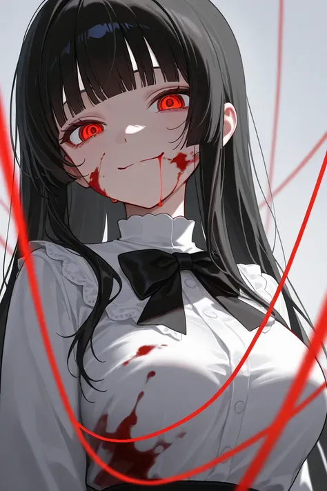 1girl, solo, long hair, bangs, black hair, blunt bangs, string, closed mouth, red eyes, black bow, medium-sized breast, string of fate, blood on face, blood on clothes, crazy smile