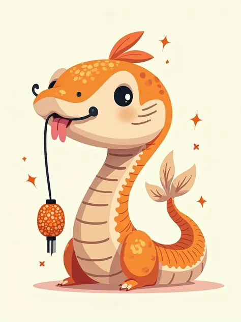  A cartoon snake with a crooked butt ， holding a koi lantern in his hand，Cute stick figure style 