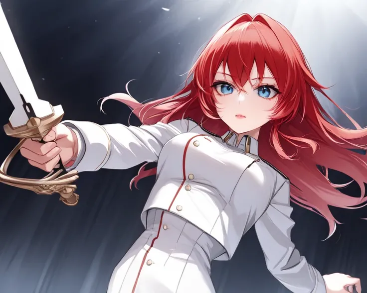 A Young Woman with Long Red Hair and a Delicate Face,  blue eyes,  pink lips , medium breasts and slender body,  thin waist, white military uniform and doing attack pose with a sword in hand