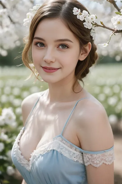 Masterpiece, Best quality, 8k, 18 ans, Photo brute, absurdes, Award-winning portrait, sourire, sourire, pure, french, elegant light blue dress, spring, , orchard in bloom, laces, famous singer, bare breasts